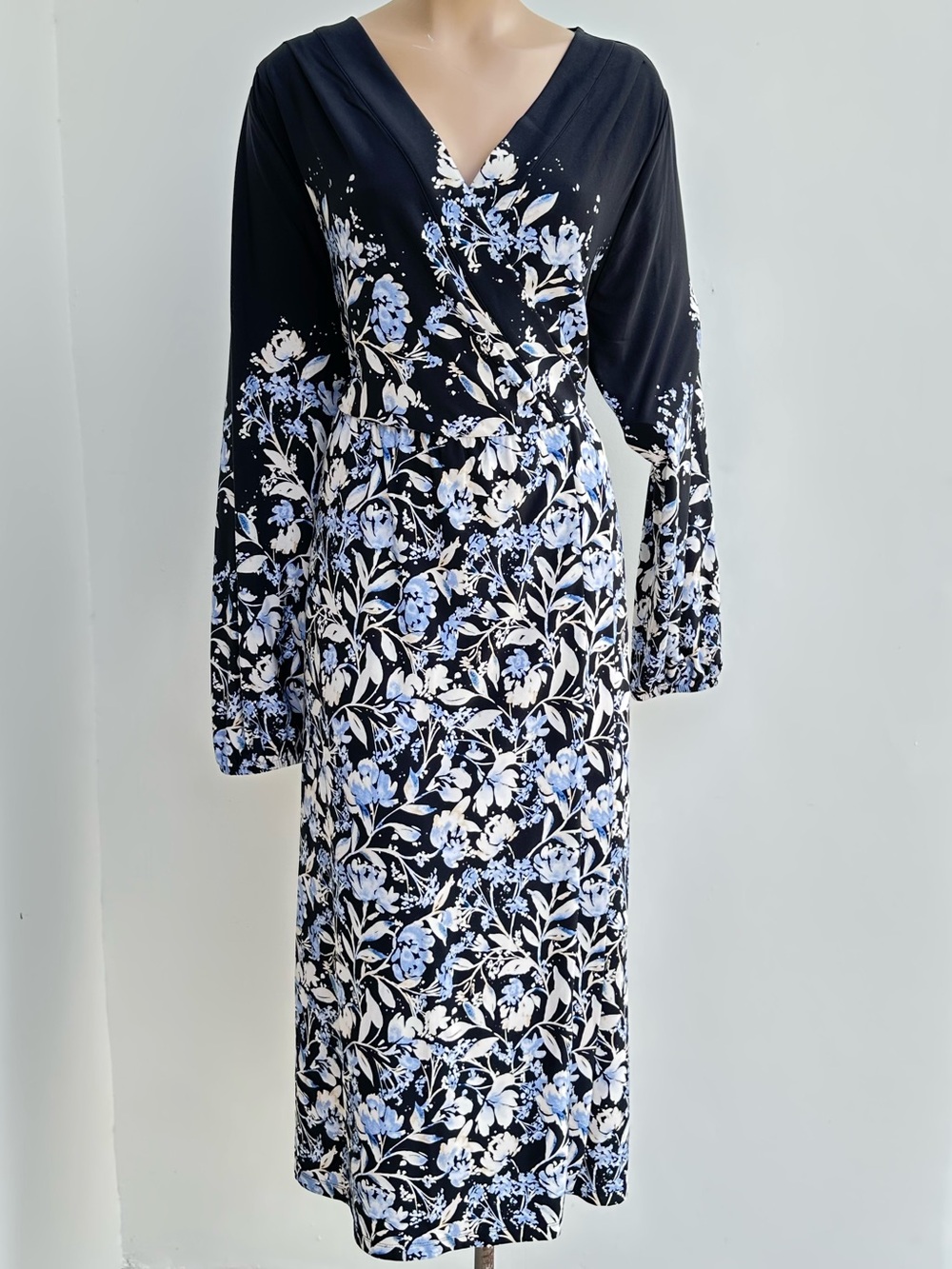Lane Bryant Black Floral Faux Wrap Midi Dress with Blue Accents Size 18/20